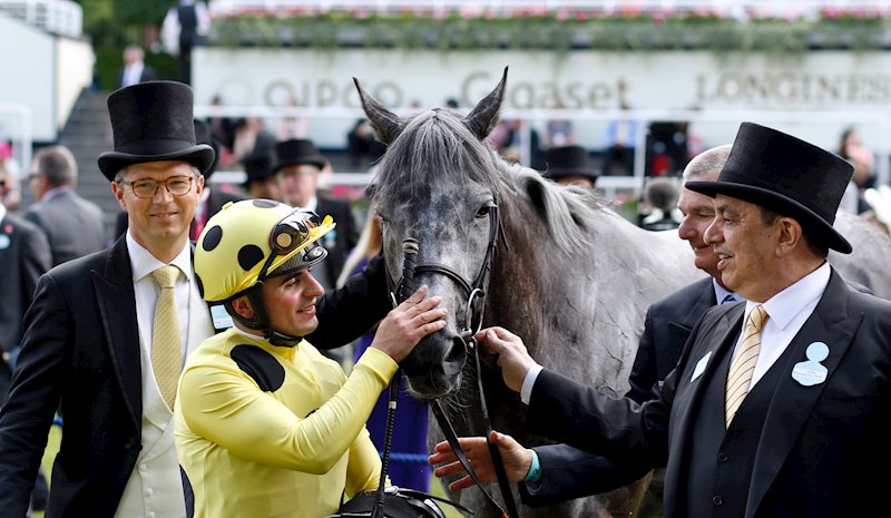 Defoe with his owner Sheikh Mohammed Obaid in the winner's enclosure following his victory in the G2 Hardwicke Stakes (June 2019)