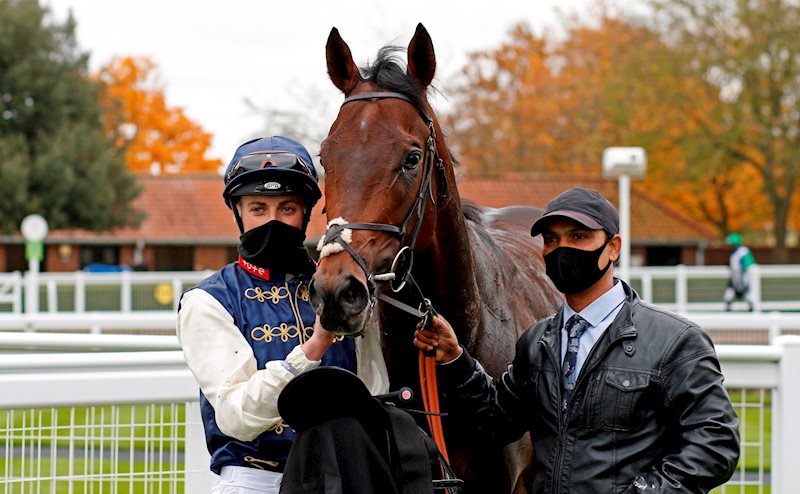 Eoin Walsh and groom Ravinder Ramdass with Beau Jardine in the winner's enclosure