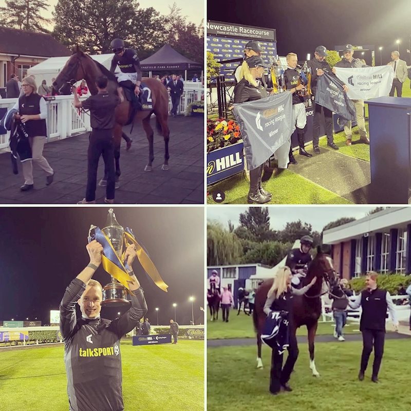 Top Left LYDFORD (GB) wins at Lingfield, Top Right: Winning celebrations. Bottom Left: League champion jockey Jack Mitchell. Bottom Right: DARK LION (IRE) wins at Windsor.